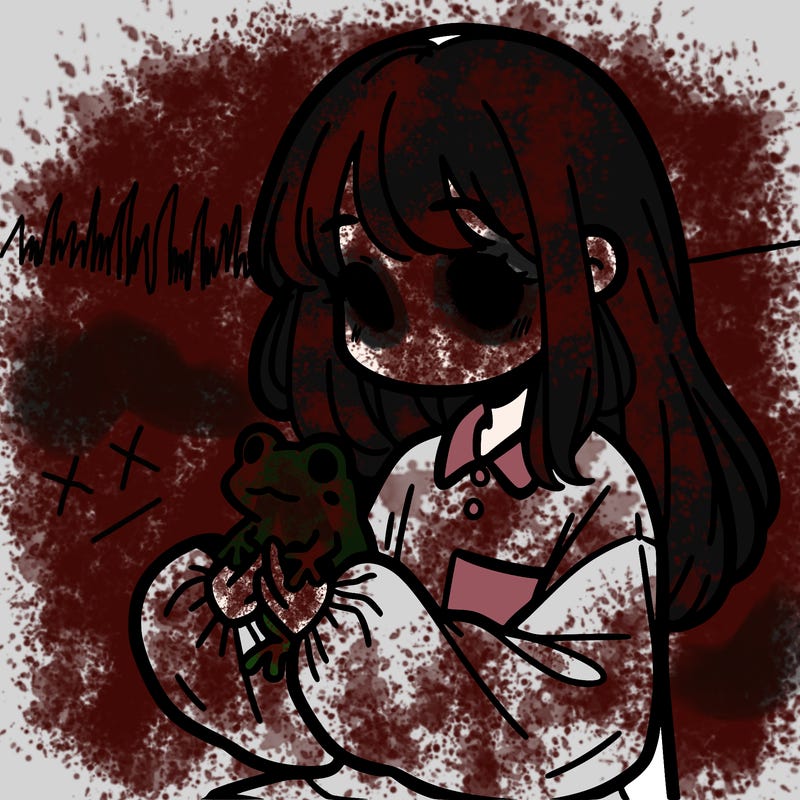 girl with long hair and a oversized shirt. and she is holding a frog