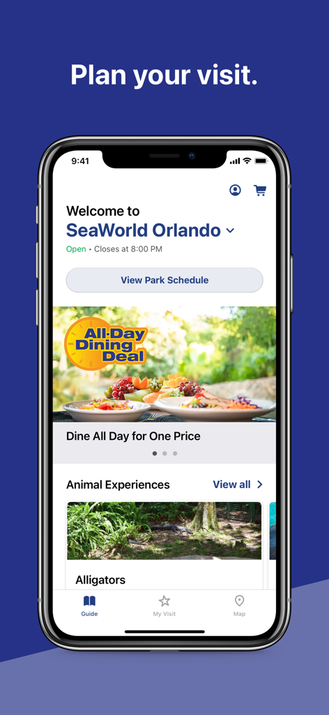 SeaWorld - シーワールドオーランドアプリのホーム画面。パークの営業時間とダイニングのお得な情報が表示されています。