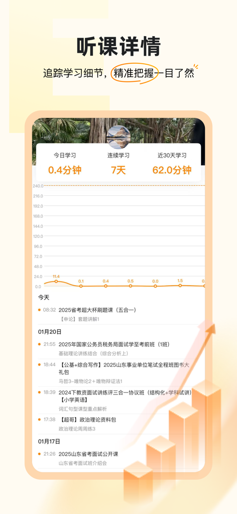 Mobile app interface showing detailed study statistics including daily learning time a progress line graph and a list of recent exam preparation classes