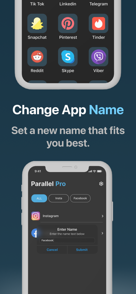 Dual Space - Multi Accounts. - Interface of Dual Space app showing the feature to rename cloned social media accounts on an iPhone