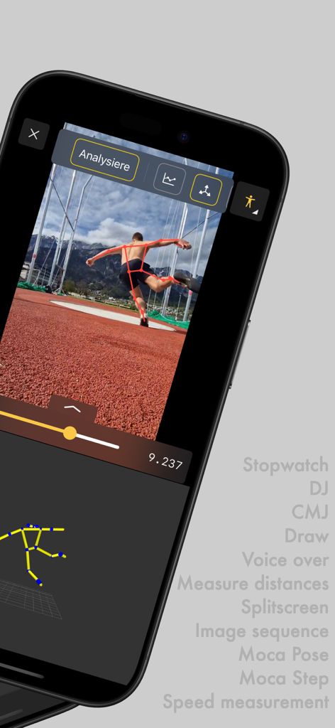 MoCa Video Analysis - Interfaz de la aplicación MoCa Video Analysis mostrando estimación de pose con IA y seguimiento de articulaciones esqueléticas en un atleta realizando un lanzamiento.
