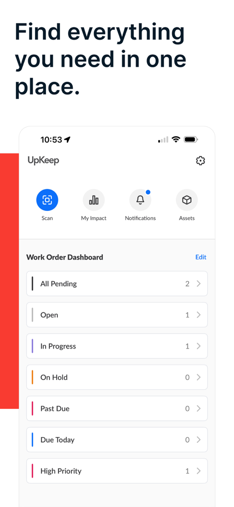UpKeep Work Order Maintenance - UpKeep mobile app dashboard showing work order statuses like pending open and high priority for maintenance management
