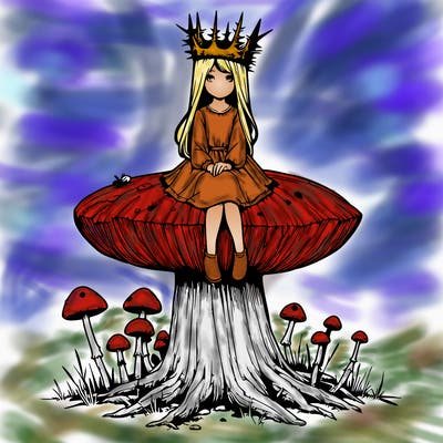 realistic girl sitting on a huge tree stump size toadstool with thorn crown