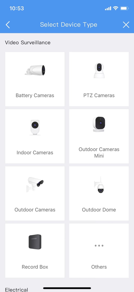 Canny Cam - Canny Cam app interface for selecting various types of security cameras including indoor outdoor and PTZ models