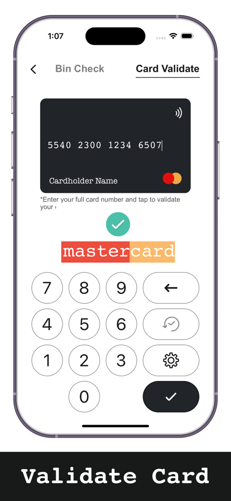 Pantalla de smartphone que muestra la función de validación de tarjetas de la aplicación Verificador de BIN con una Mastercard validada.