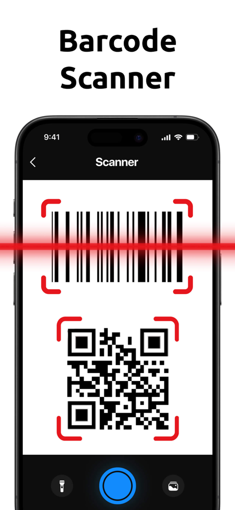 Barcode Scanner & Reader - A smartphone screen displaying a barcode and QR code scanning interface with a red laser beam indicator.