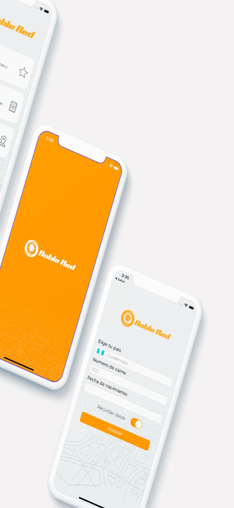 Captures d'écran de l'application mobile RobleRed montrant l'écran de démarrage et la page d'inscription avec des champs pour le numéro d'identification et la date de naissance