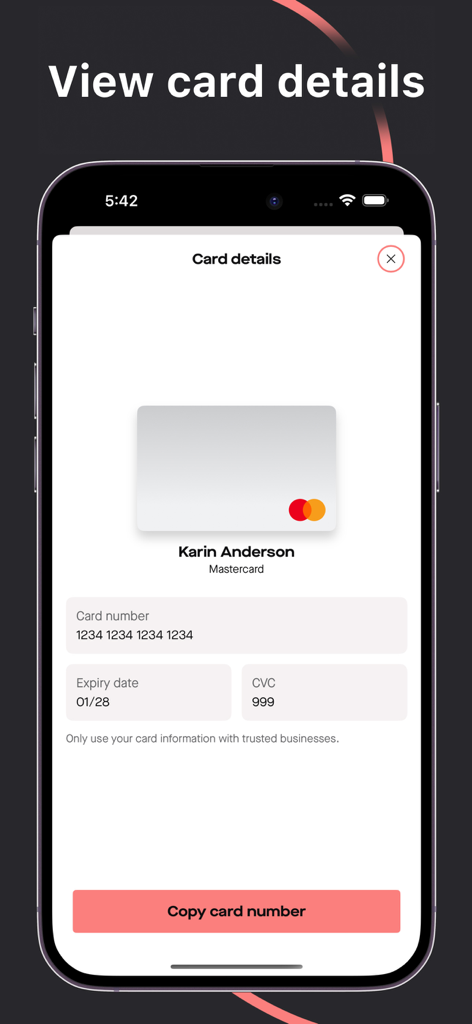 Spendwise - Spendwise mobile app screen displaying credit card details including card number and expiry date