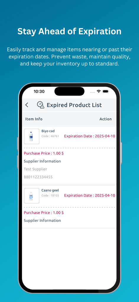 MAKHAL - Interfaz de la aplicación MAKHAL que muestra una lista de productos caducados con sus fechas de caducidad