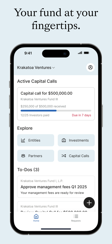 Carta Carry mobile dashboard showing active capital calls and management tasks for fund managers.