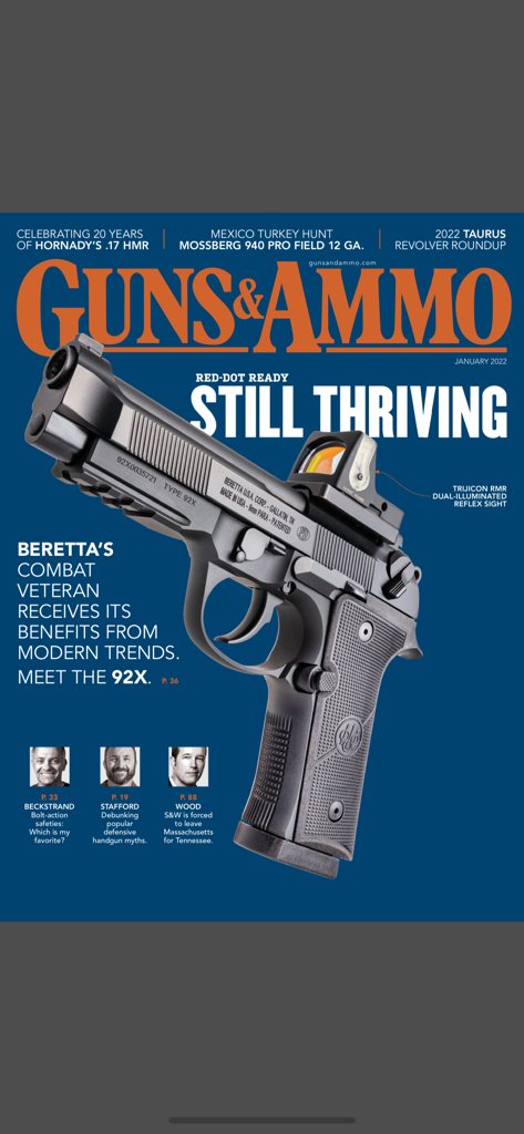 Guns & Ammo - Guns and Ammo magazine cover featuring a Beretta 92X pistol with a red-dot sight.