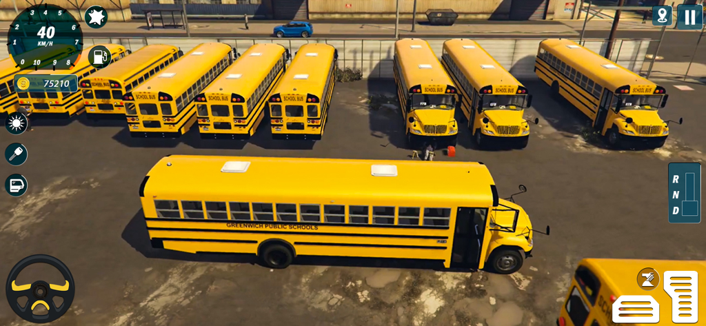 School Bus Driving Game 3D - A 3D simulation game screen showing several yellow school buses parked in a lot with a driving interface and speedometer.