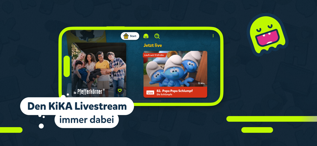 Oberfläche der KiKA-Mobil-App mit deutschen Live-Kindersendungen und Serien wie Die Schlümpfe