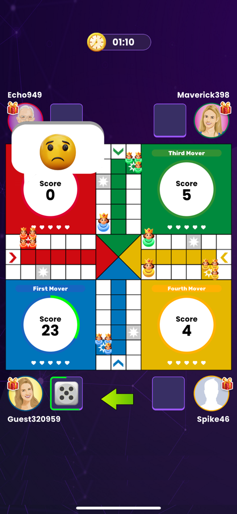 Ludo Cash - A four player Ludo Cash game session showing scores and player avatars on a colorful board