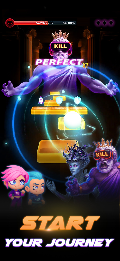 Tiles Hop Fire: EDM Piano Mix - A glowing ball hops on gold tiles towards a giant purple boss in Tiles Hop Fire EDM Piano Mix