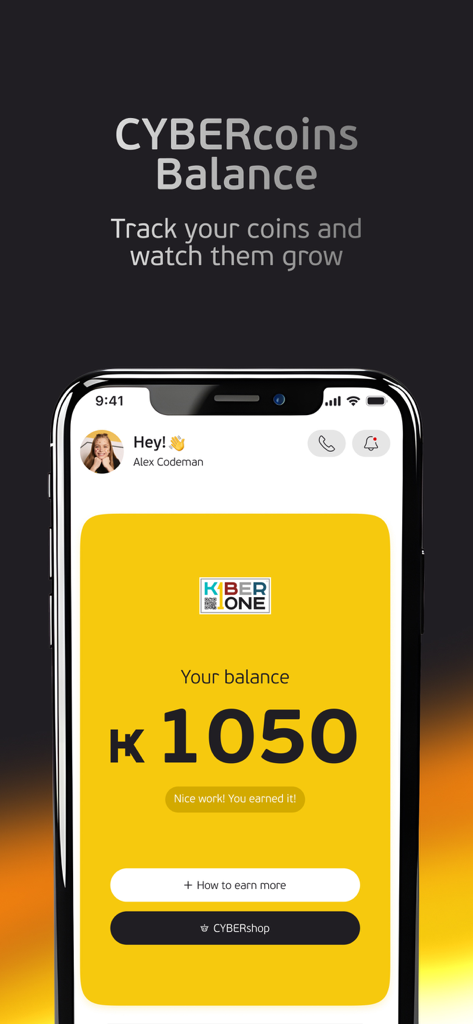 Screenshot of KIBER 1 app displaying student cybercoins balance and shop options
