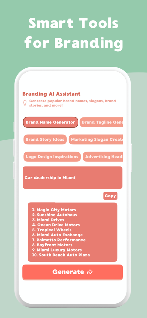 Logify: AI Logo Maker & Design - Écran de l'application Logify montrant l'assistant d'image de marque IA générant des noms d'entreprise pour un concessionnaire automobile.