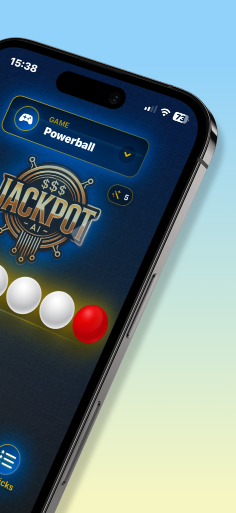 JackpotAI: Lottery Predictor - JackpotAI app showing Powerball lottery prediction interface on a mobile phone