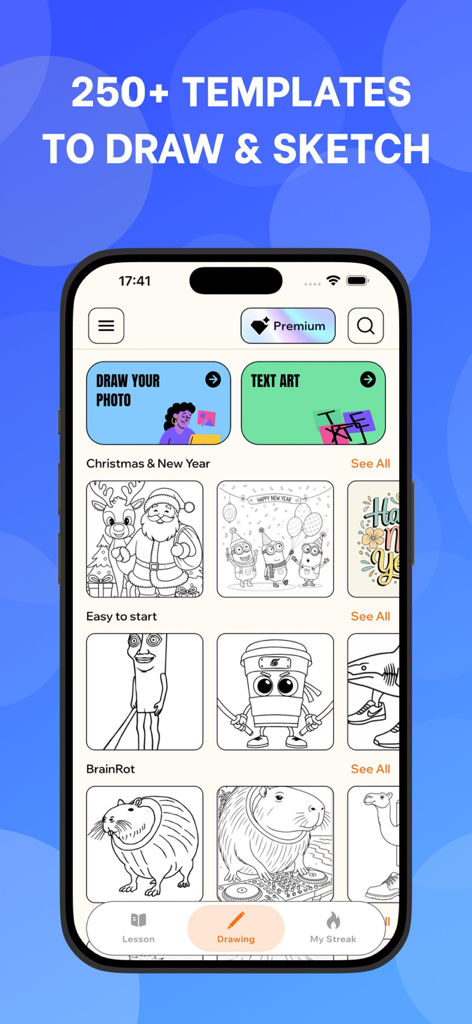 iArt: AR Sketch & Drawing - iArt mobile app library showing over 250 drawing templates including anime and seasonal characters