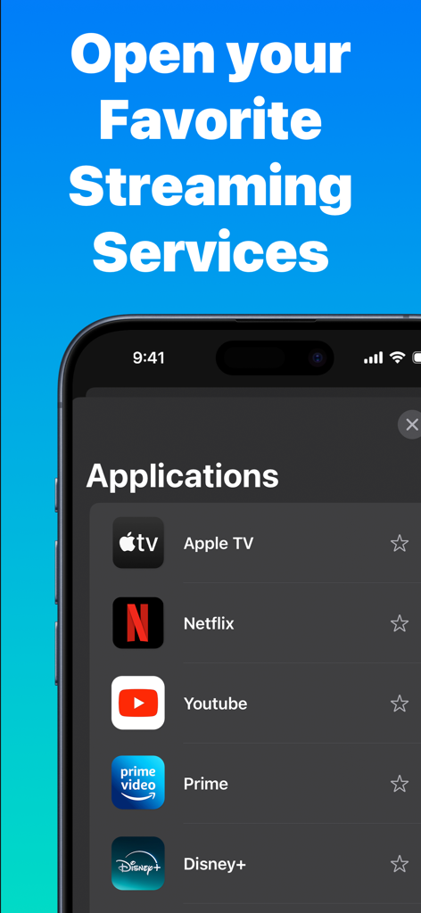 Universal TV Remote · Mando - Aplicación Mando, control remoto universal para TV, mostrando servicios de streaming favoritos como Netflix y YouTube