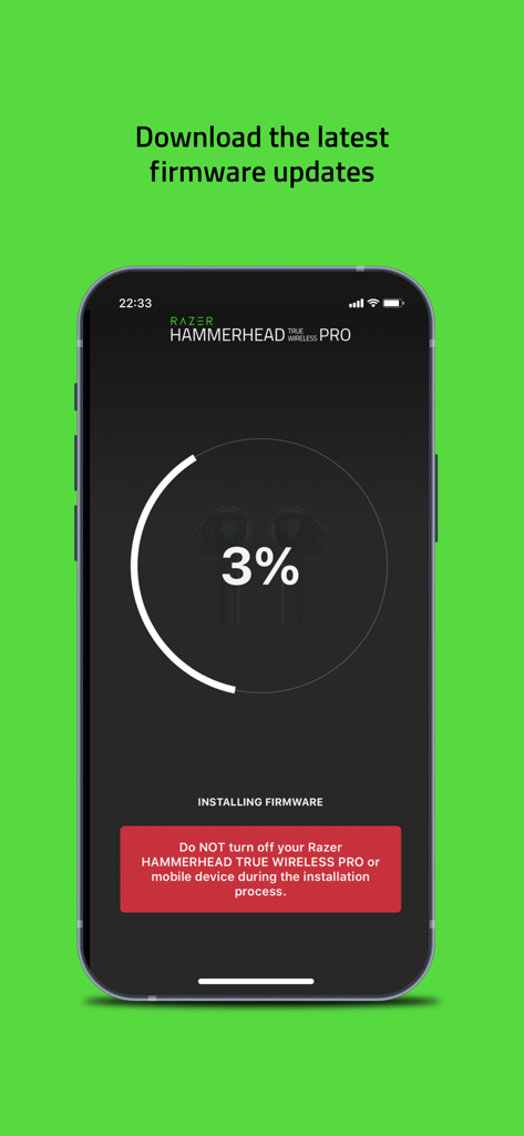Screenshot of the Razer Audio app interface showing a firmware update progress at three percent for Razer Hammerhead True Wireless Pro earbuds.