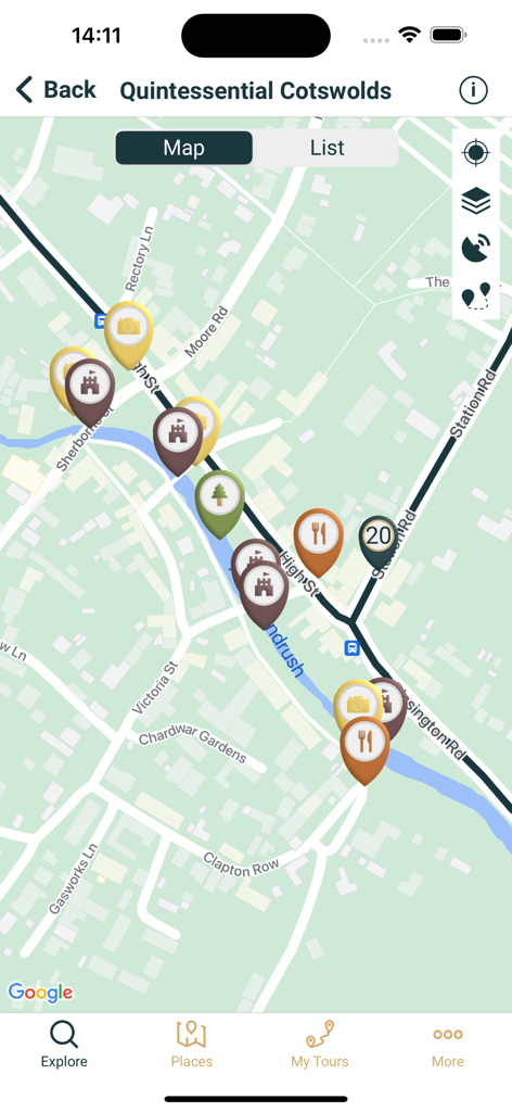 A map interface in the Local Compass app showing various landmarks and points of interest in the Cotswolds