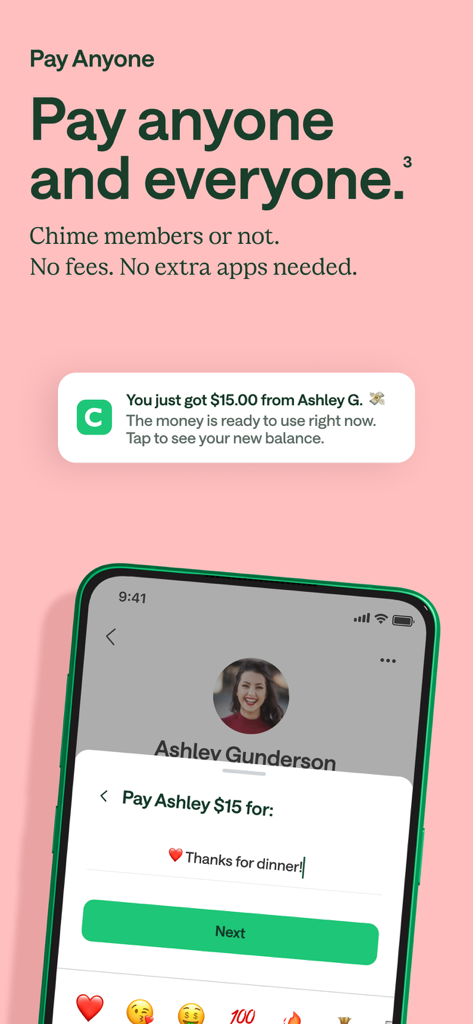 Chime app interface showing the Pay Anyone feature for fee-free money transfers to friends.