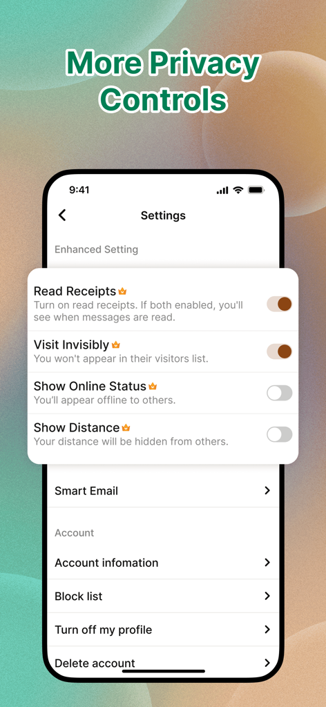 Higo: Local Meet Global - Privacy settings and enhanced controls menu in the Higo app interface