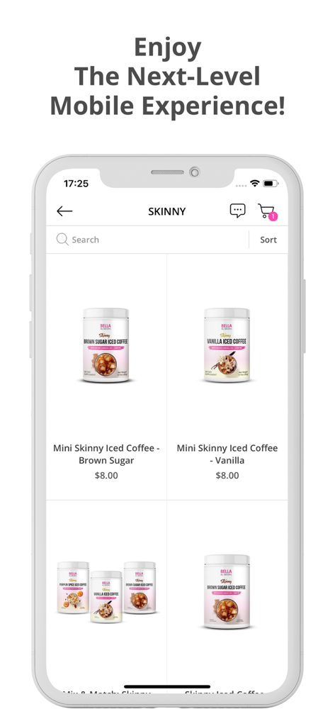 Bella All Natural - Bella All Natural mobile app interface showing Skinny Iced Coffee product listings for brown sugar and vanilla flavors.