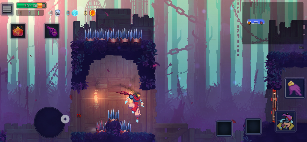 Dead Cells: Netflix Edition - Dead Cells Netflix Edition gameplay mostrando gráficos pixel art e controles na tela em um nível de floresta