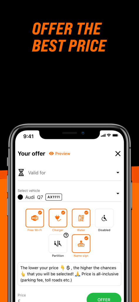 GetTransfer DRIVER Service - Chauffeur app screen showing the bidding interface to offer a price and select premium vehicle amenities like wifi and water