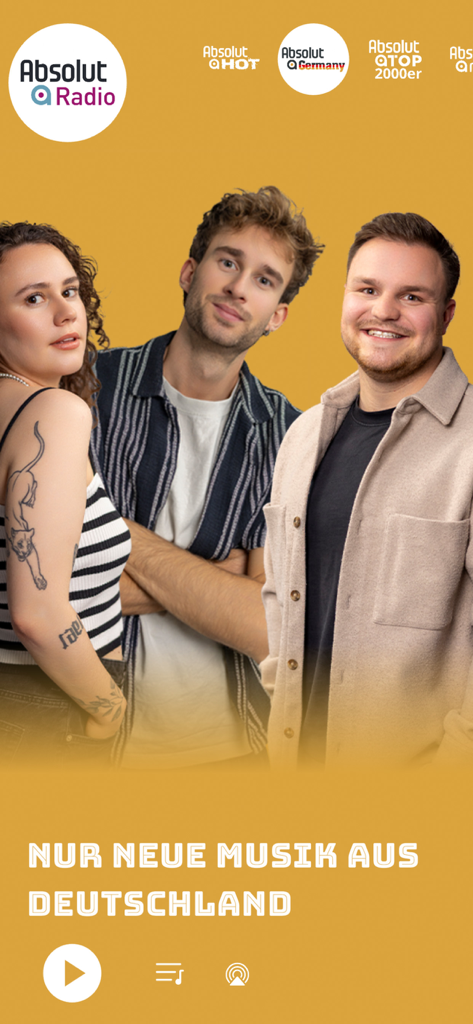 Interfaz de la aplicación Absolut Radio mostrando presentadores y promocionando nueva música alemana