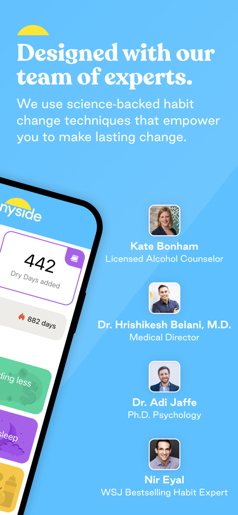 Sunnyside app screen featuring their team of medical, psychology, and habit experts who designed the program.
