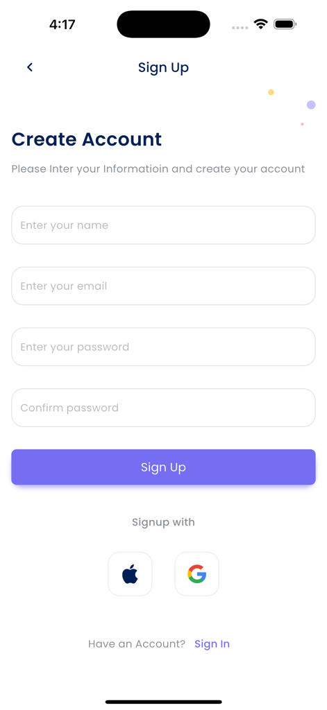 Registration screen for the Family Circle app showing fields for name email and password with options to sign up via Apple and Google