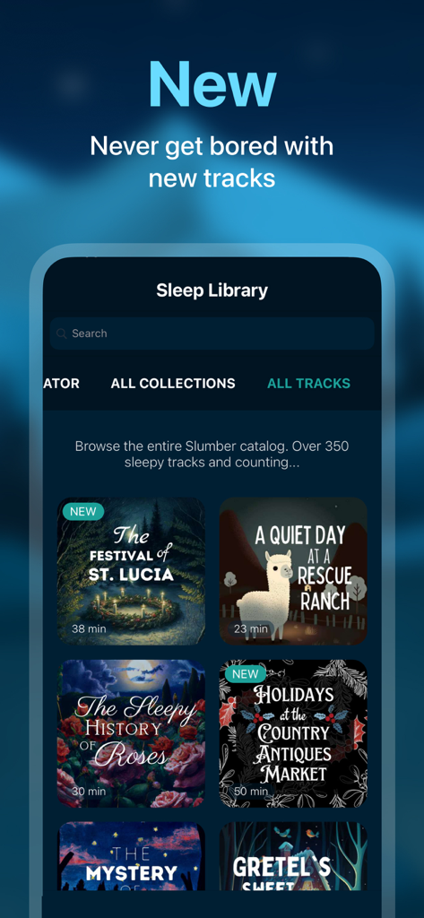 Slumber－Calm Stories for Sleep - Benutzeroberfläche der Schlaf-Bibliothek der Slumber App mit einer Sammlung entspannender Gute-Nacht-Geschichten