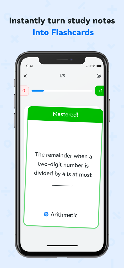 Quiz AI: AI Homework Helper - Quiz AI app screen showing a math flashcard converted from study notes with a mastered status indicator.