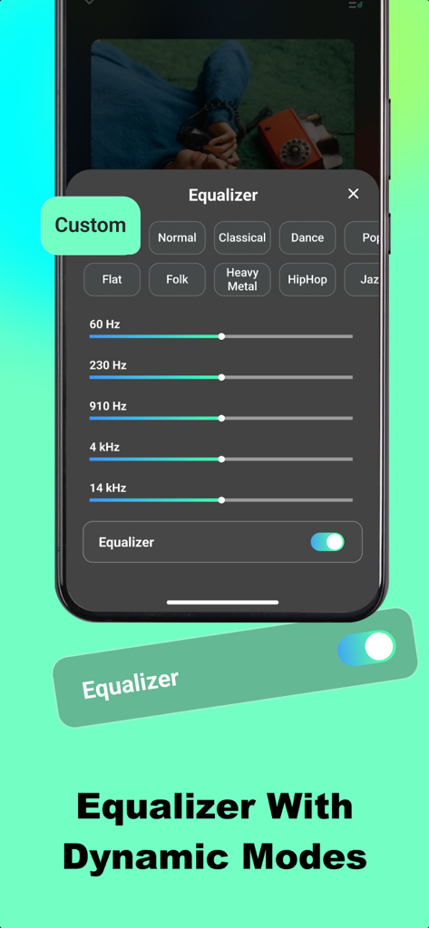 Schermata dello smartphone che mostra l'equalizzatore dell'app Tunecho Music con cursori di frequenza regolabili e preset audio basati sul genere come Rock e HipHop.