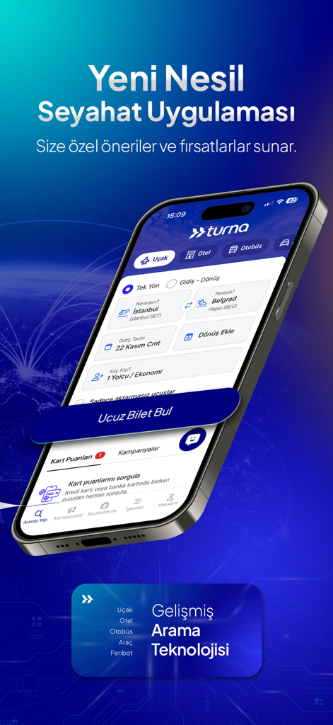 Smartphone displaying the Turna travel app flight booking screen with options for hotels buses and car rentals.