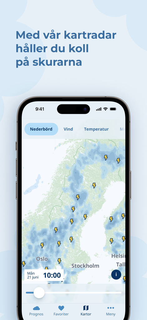 Klart - Väder - Klart weather app radar map displaying precipitation and lightning strikes over Scandinavia