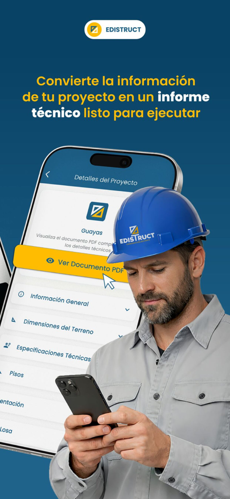 Edistruct - Profissional da construção usando o aplicativo Edistruct para visualizar relatórios técnicos do projeto em PDF.