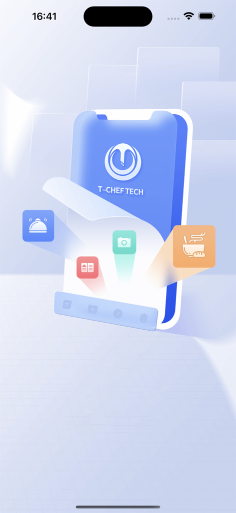 Introductory screen showing a smartphone with the T-Chef Tech logo and culinary icons for commercial kitchen management