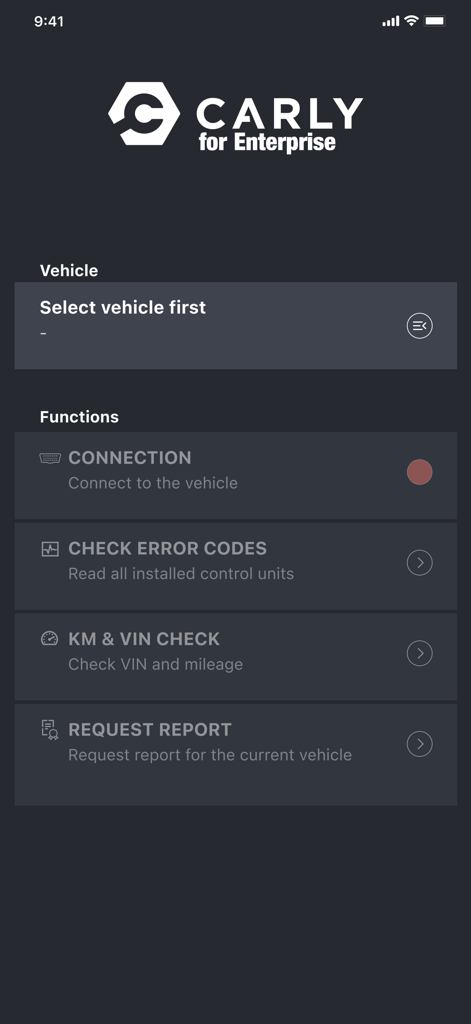 Main menu of the Carly Enterprise app for car diagnostics and mileage checking
