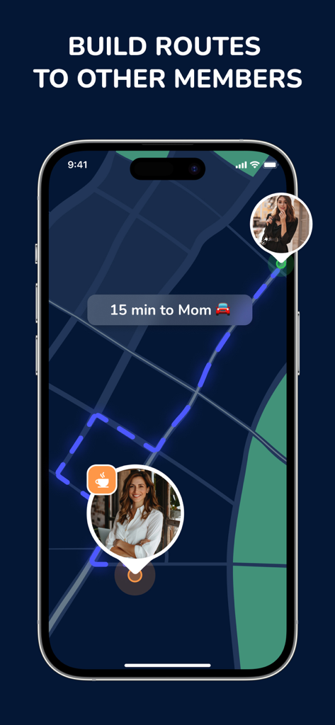 Eine Smartphone-Oberfläche, die eine Echtzeit-GPS-Route zu einem Familienmitglied mit einer geschätzten Ankunftszeit von 15 Minuten auf einer dunklen Karte anzeigt.