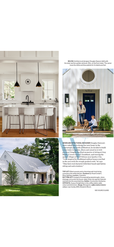 House & Home - Un reportaje de revista digital que presenta diseño de cocina interior moderno y el exterior de una casa saltbox blanca