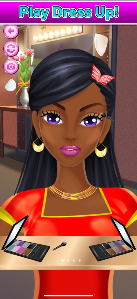 A character being customized with purple eyeshadow and gold accessories in the Makeup Girls fashion game.