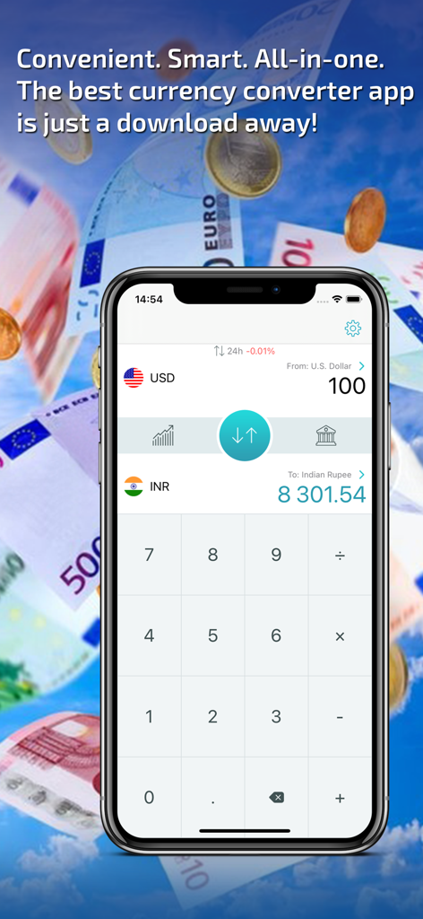 iPhone screen displaying the Currency Converter and FX Rates app interface with USD to INR conversion and a numeric keypad.