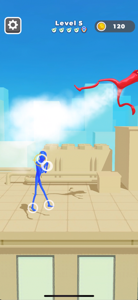 A blue stickman character fighting a red opponent on a rooftop in Gum Gum Battle