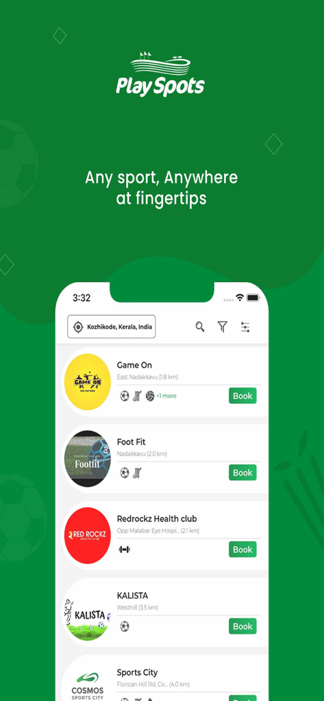Playspots- Sports facilities - Playspots mobile App-Oberfläche mit einer Liste von verfügbaren Sportstätten zur Buchung mit Sporticons und Standortdetails