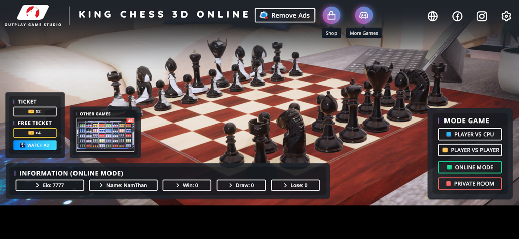 Pantalla del menú principal de King Chess 3D Online mostrando un tablero de ajedrez 3D y selecciones de modo de juego