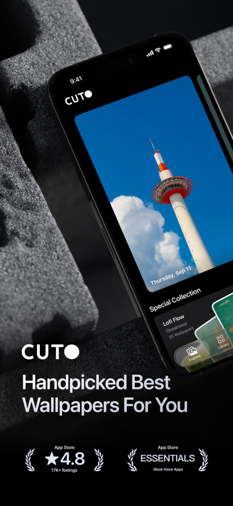 Cuto Wallpaper app home screen showing a curated daily wallpaper and App Store ratings